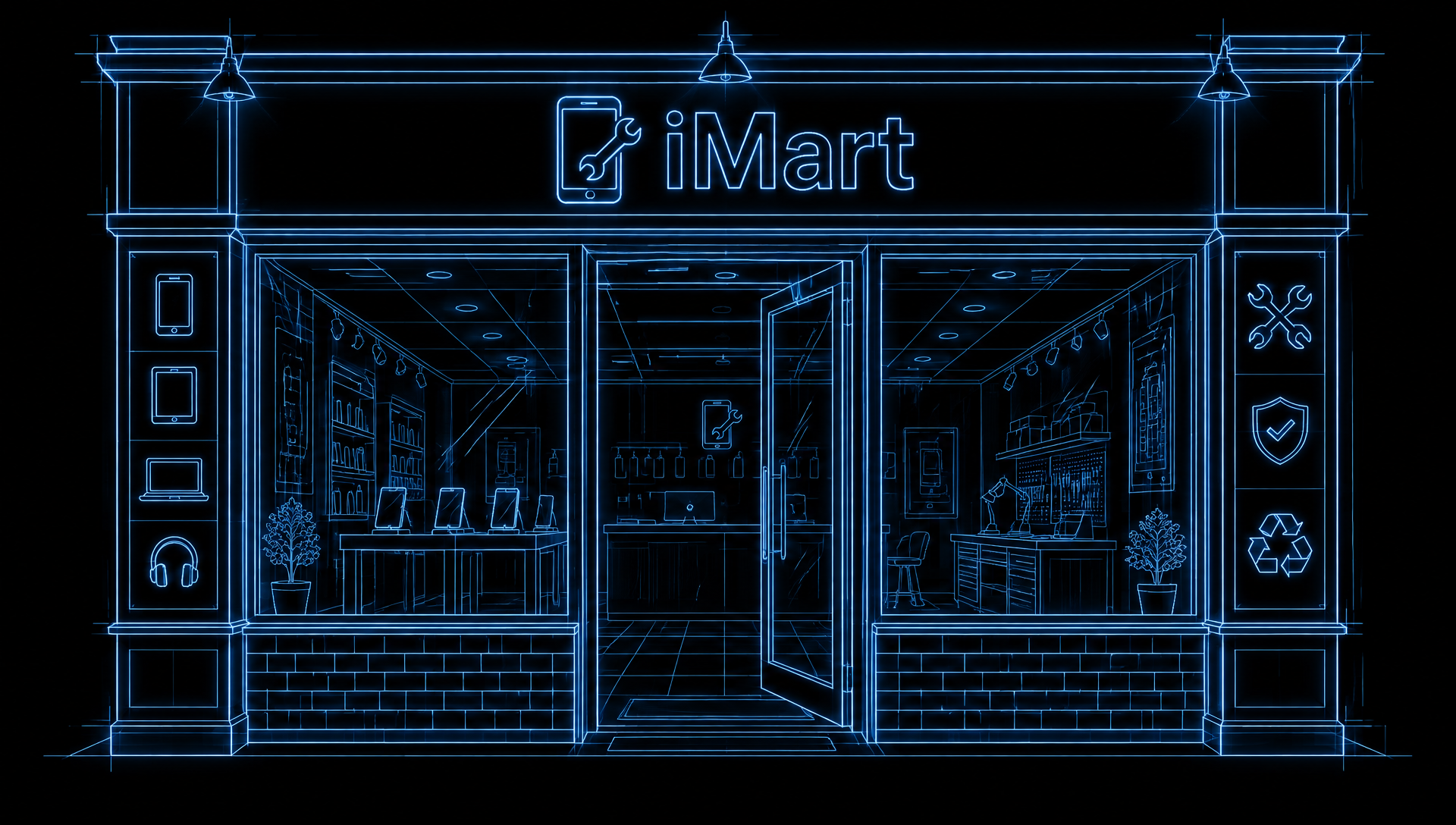 Croquis lumineux bleu de la devanture IMART — cliquer pour ouvrir l'itinéraire
